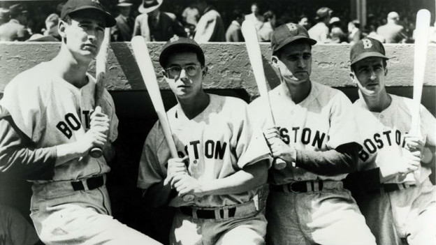 Ted Willaims, Dom DiMaggio, Bobby Doerr, and Johnny Pesky circa 1946