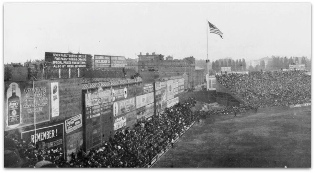 View of wooden bleachers in left field of Fenway Park during 1914 World Series