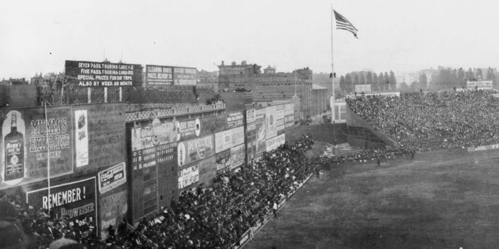 View of wooden bleachers in left field of Fenway Park during 1914 World Series